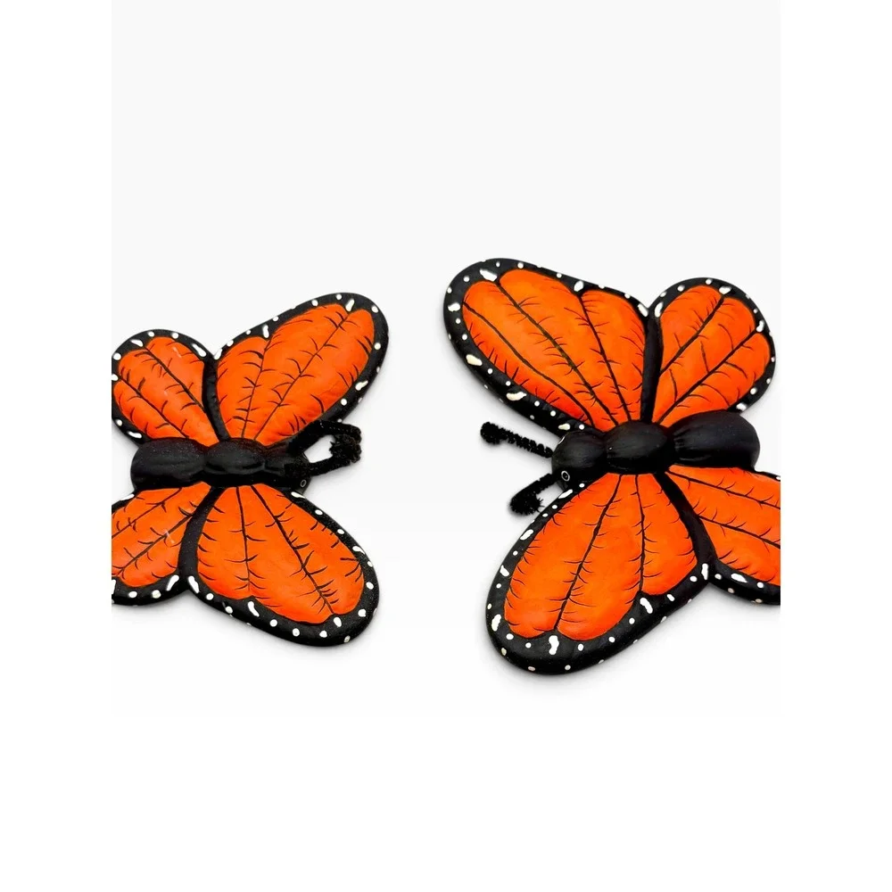 Monarch Butterfly Ceramic Wall Decor Orange Black Hand Painted 3D Art Set 2